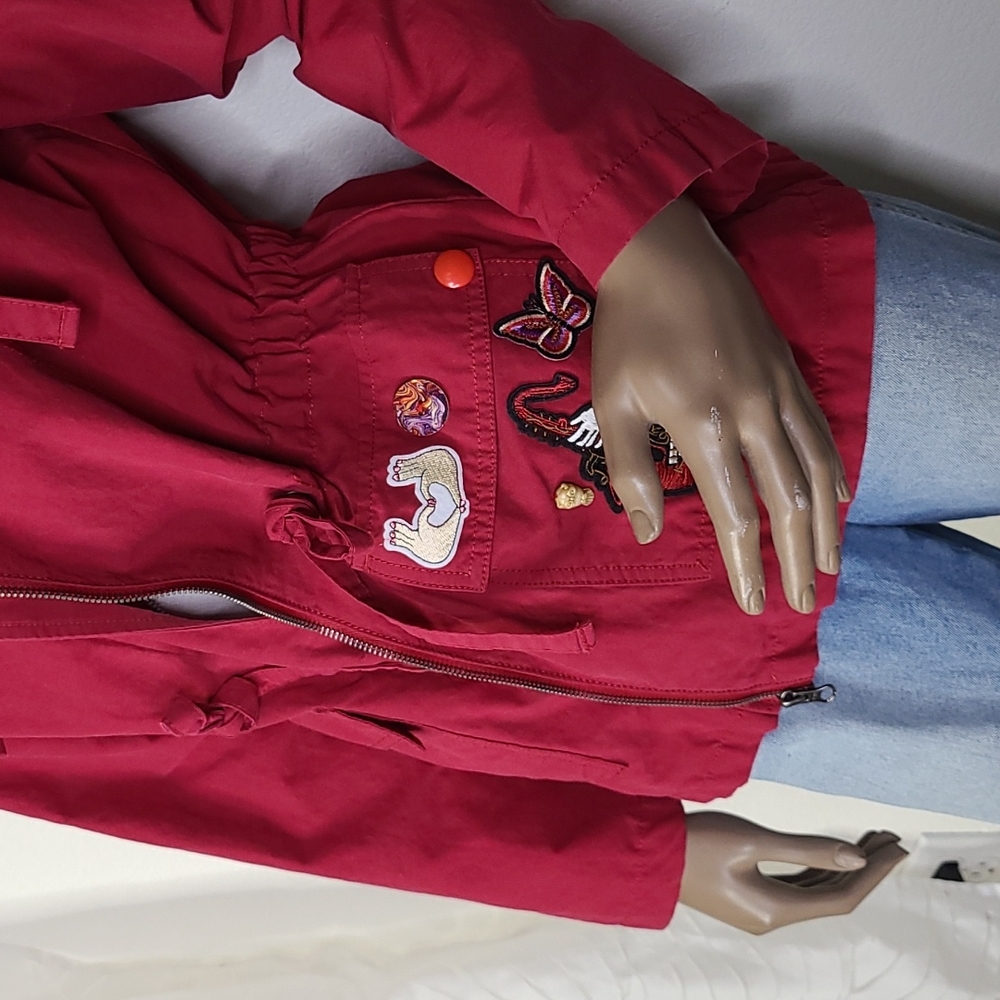 Jacket Size Medium Burgundy Red Cotton Hoodie Upcycled Patches Unique Gift Fun - Picture 4 of 9